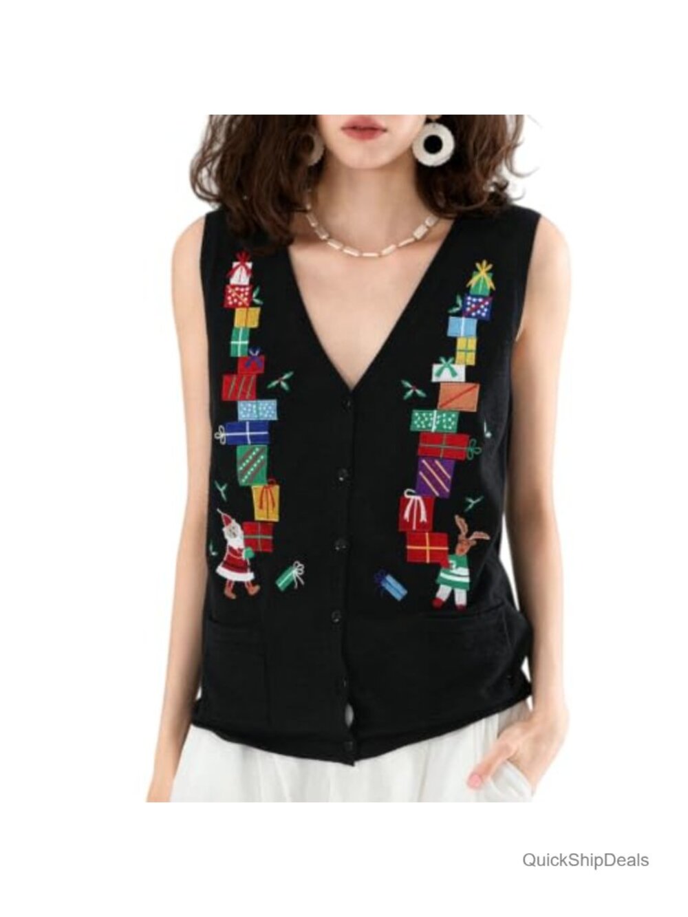 Womens Christmas Button Sweater Vest Embroidery Sleeveless Cardigan